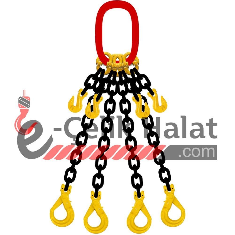 Grade 80 Kısaltmalı Dörtlü Zincir Sapan 13 MM - 5 Metre - İtalyan - Emniyetli Kanca (B Kanca) - İkili Halka (Küpeli)