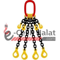 Grade 80 Kısaltmalı Dörtlü Zincir Sapan 13 MM - 5 Metre - İtalyan - Emniyetli Kanca (B Kanca) - İkili Halka (Küpeli)