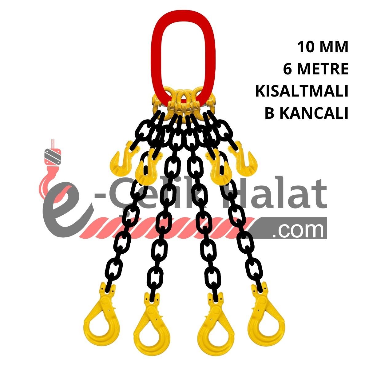Grade 80 - 10 mm 6 metre Kısaltmalı Dörtlü Zincir Sapan Emniyetli Kanca